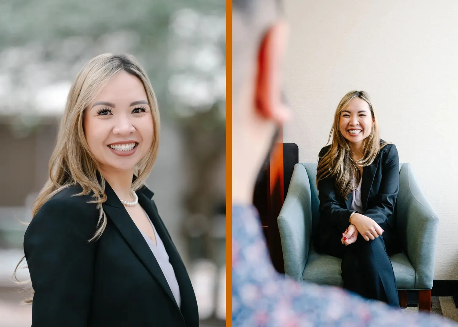 (Left side: headshot, Right side: branding, business professional): Left: Traditional outdoor headshot of a smiling businesswoman in a blazer, perfect for LinkedIn or corporate profiles. Right: Branding photograph of the same businesswoman, seated and engaged in conversation, capturing personality and approachability in a workplace environment.