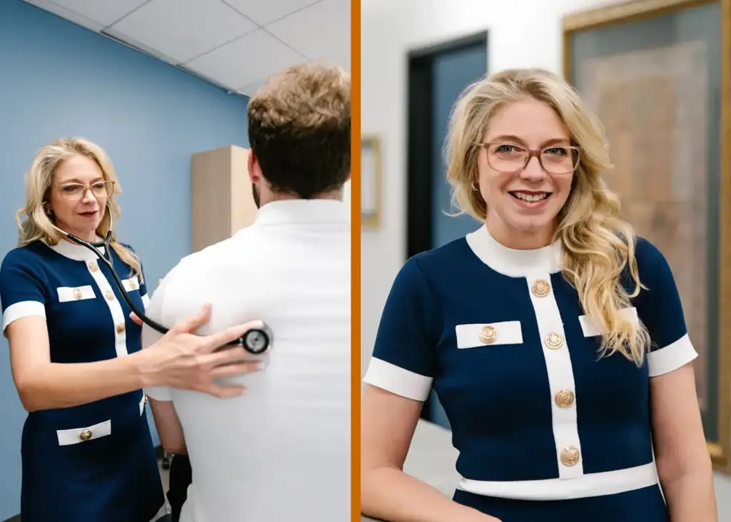 (Left side: branding, Right side: headshot, healthcare professional): Left: Female healthcare provider using a stethoscope during a branding photo session, showing her at work with a patient in a clinical setting. Right: Professional headshot of the same healthcare provider, smiling in business attire with a clean background for use on company profiles.
